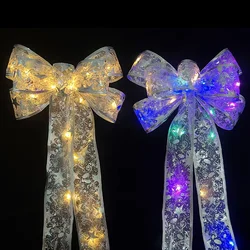 Christmas Tree Topper Topper Bow Led Glow Xmas Ornament Glitter Satin Mesh Streamer Hanging Decorative Set for Christmas Decor