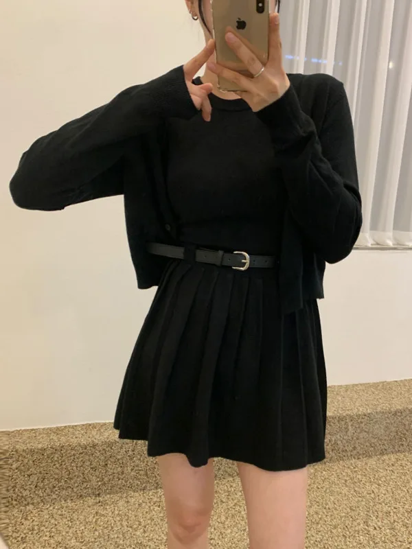 

Ele Autumnal Vintage Knitted Dr Skirt with Long Sve Sweater Coat Chic Busin Sle round Ne Two-Piece Set for W...