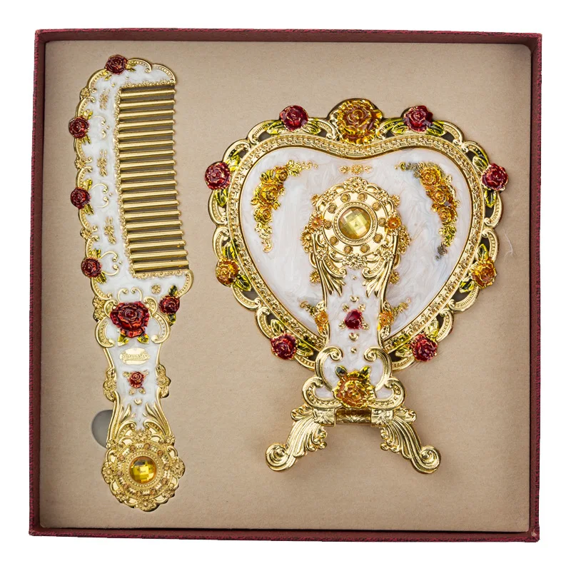 Ensemble de peignes de miroir de maquillage avec boîte-cadeau, miroir de poche vintage européen, cadre de miroir à main en forme de cœur, cadeau pour fille et femme