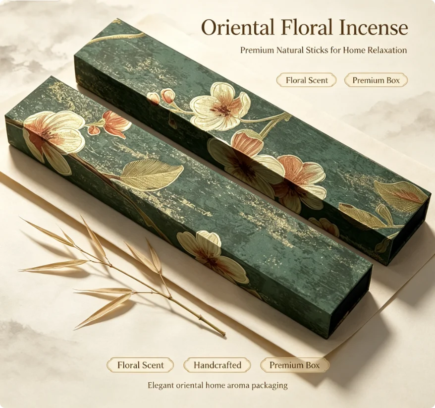 Vintage Green Floral Stick Incense Gift Box, Natural Low Smoke Plant Incense Sticks Oriental Zen