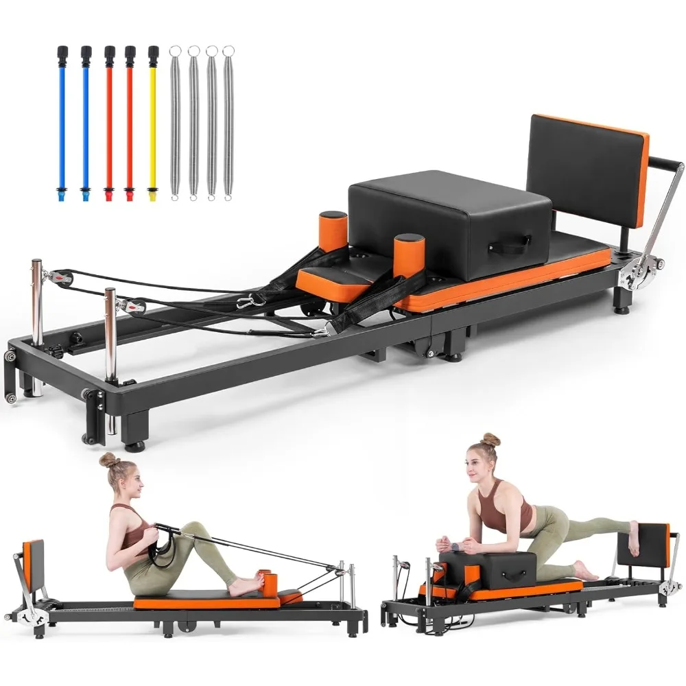 

Pilates Reformer, Foldable Pilates Machine with Jump Board & Pilates Box (4 Springs & 5 Resistance Cords) for Home Gym Workout