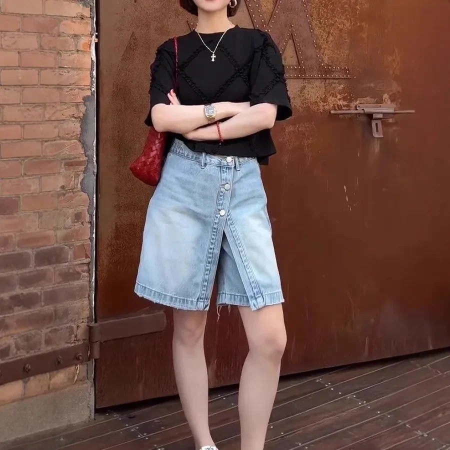 Lichtblauwe denim rok dames zomermode plus maat ontwerp gevoel nep tweedelige a-lijn minirok lage taille katoen