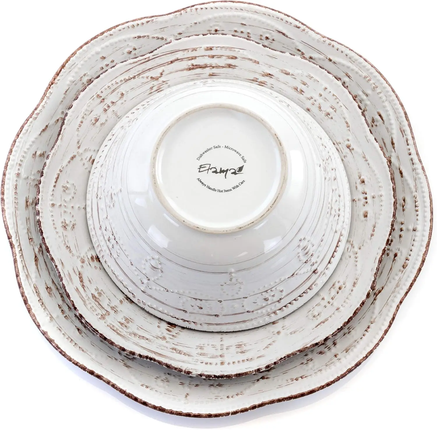طقم أواني طعام مستديرة من الخزف الحجري المنقوش مكون من 16 قطعة من البتولا الريفي باللون الأبيض مع لمسات بنية