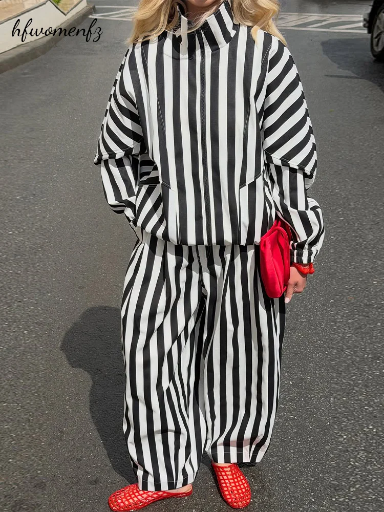 Loose Women's Striped Pants Set Stand Collar Zip Up Long Sleeve Jacket Wide Leg Pants Set 2026 Autumn Lady All-matching Suits