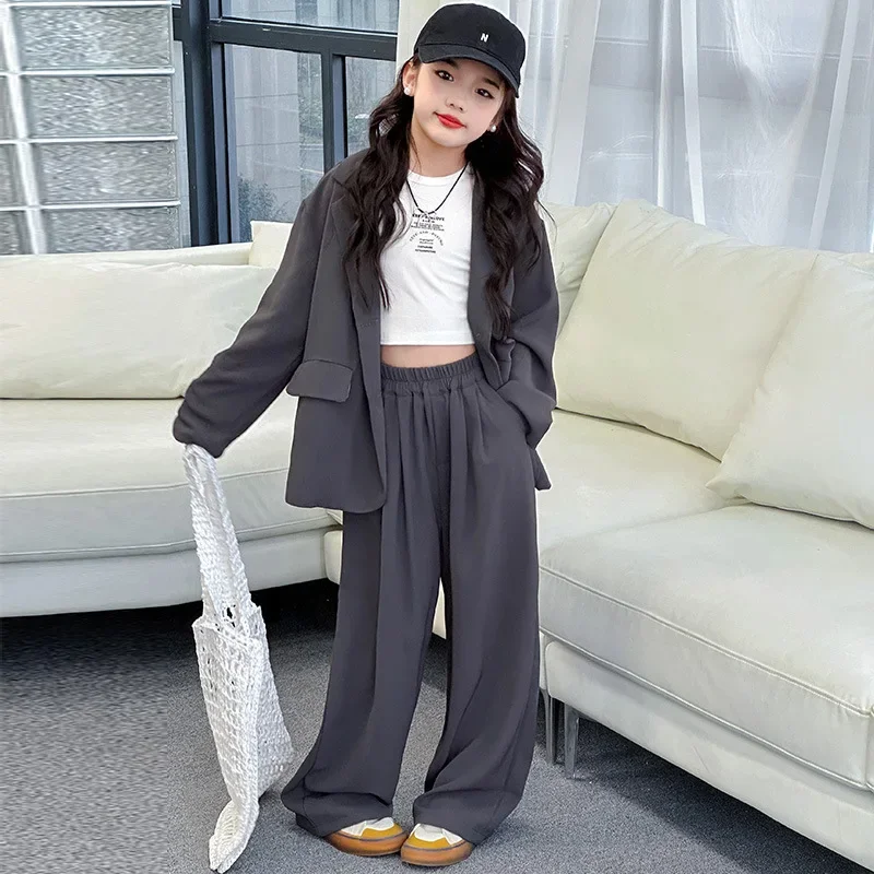 Kids Boutique Clothes Simple Stylish Premium School Teenage Girls Suit Spring Autumn 5-13 Years Blazer Trousers Two Pieces Set