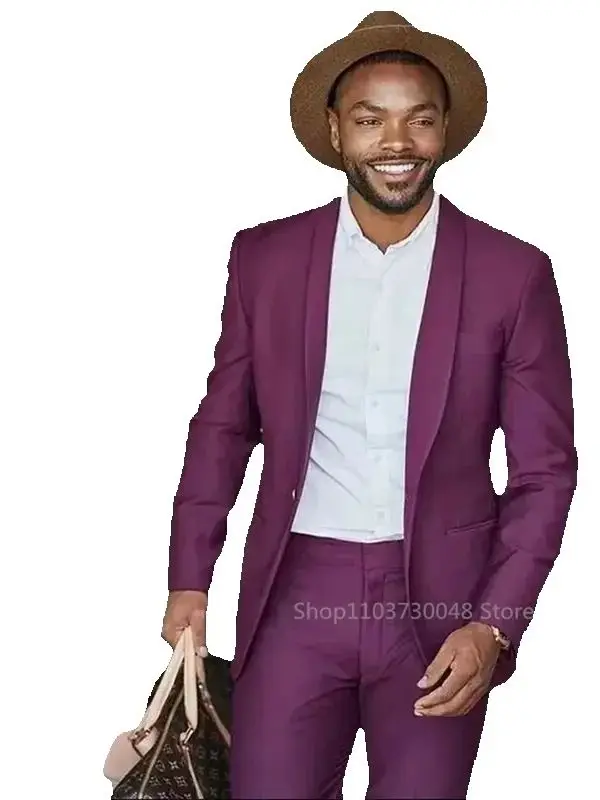 

2 Piece High Quality Purple Men Suits One Button Pants Set Groom Tuxedo Best Man Coat Business Wedding Blazer Elegant Male Suit