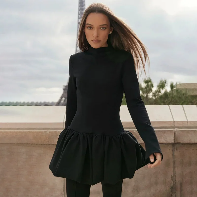 

Talenza Elegant White Mini Dress Fashion High Neck Solid Long Sleeve Patchwork Party Dress Luxury High Waist Women Dresses 2025