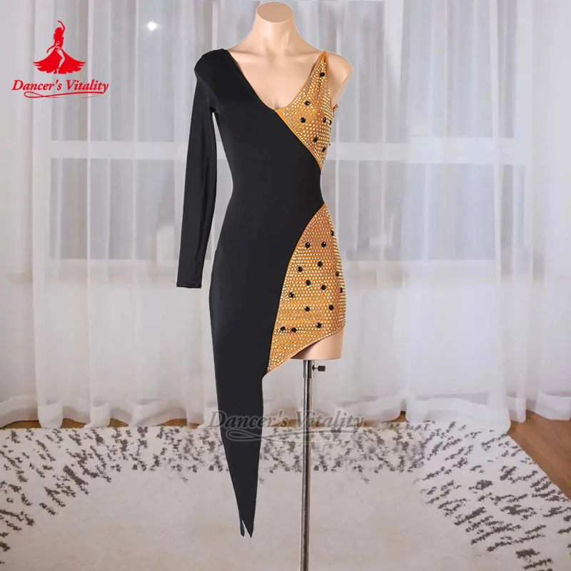 Women Samba Two-tone Matching Elegant Dresses Dancer's Vitality Adult Chacha Unilateral Long Sleeve Competitions Clothing Custom