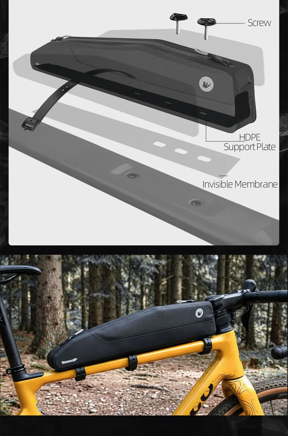Rhinowalk Fahrrad-Rahmentasche mit Schrauben- und Riemenbefestigung, 2L wasserdichte Oberrohrtasche, lackschonende Aufbewahrungstasche für MTB und Rennräder – Detail 9