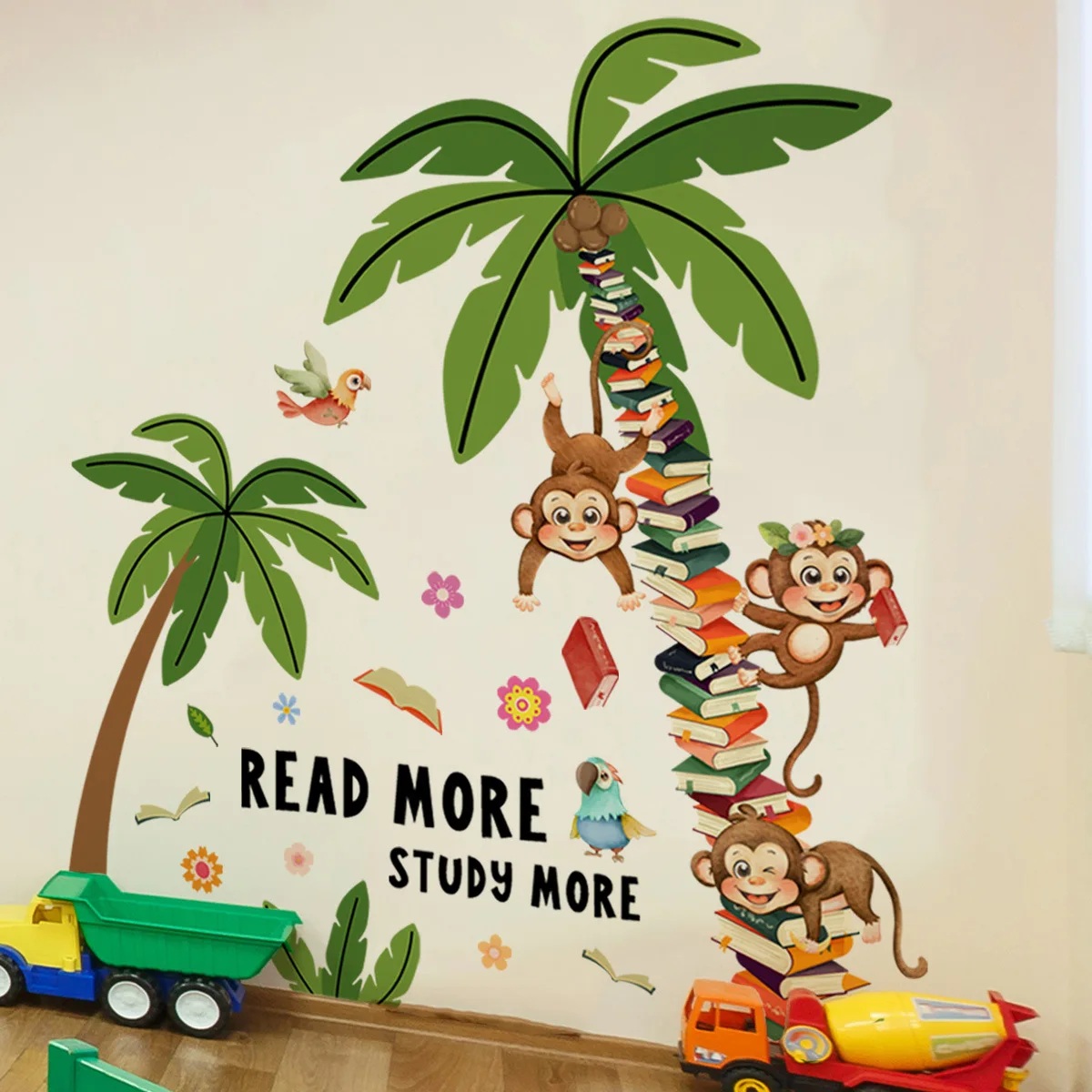 

Carton Monkey Coconut Tree Books Wall Stickers Living Room Bedroom Home Decor Self-adhesive Wallpaper Poster Art Decoration