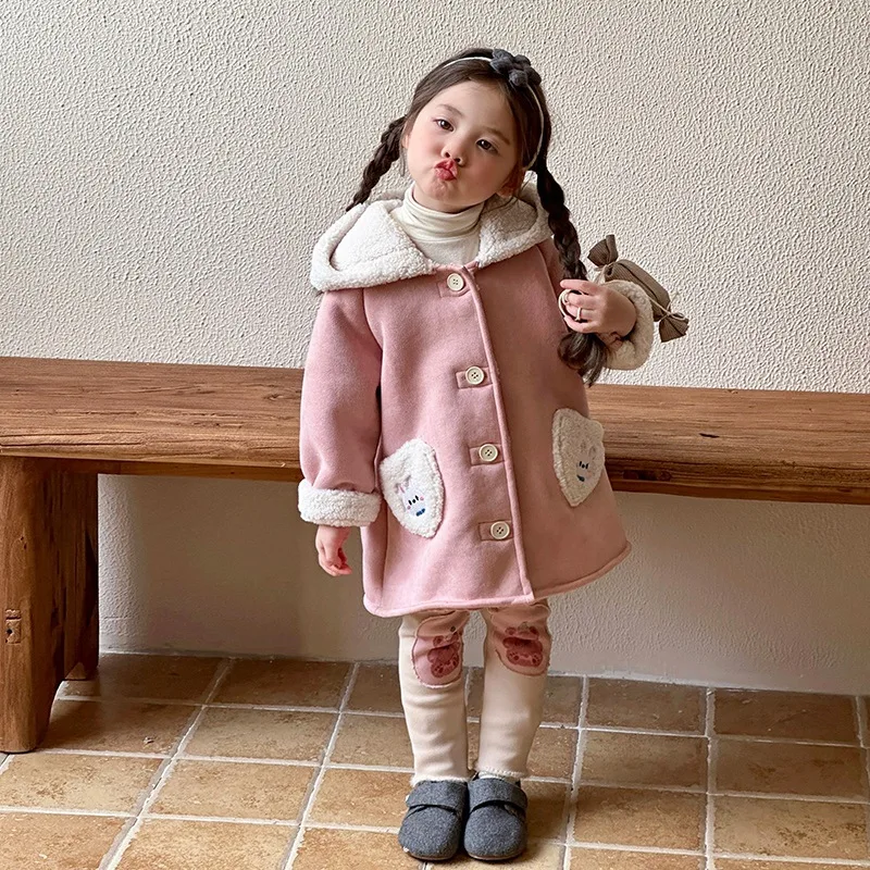 Girls' Fur-integrated Autumn and Winter 2024 New Children's Thickened and Velvet Mid-length Baby Winter Warm Jacket