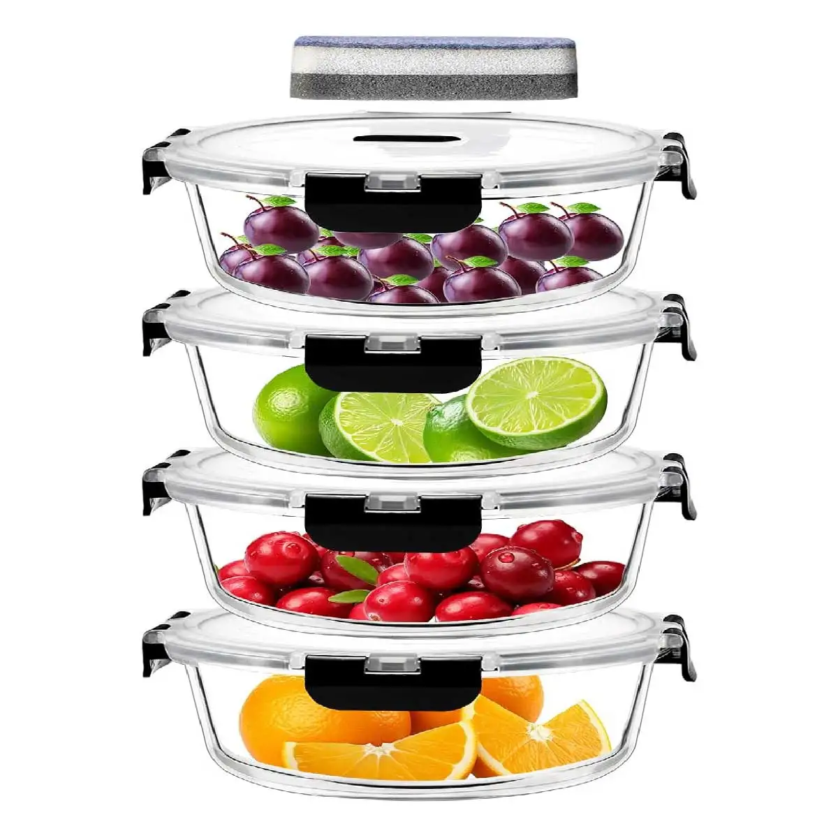 SIAZIH 1300 ML Round Glass Food Containers (With Lids), Set of 4, Airtight Food Storage Containers, BPA-Free