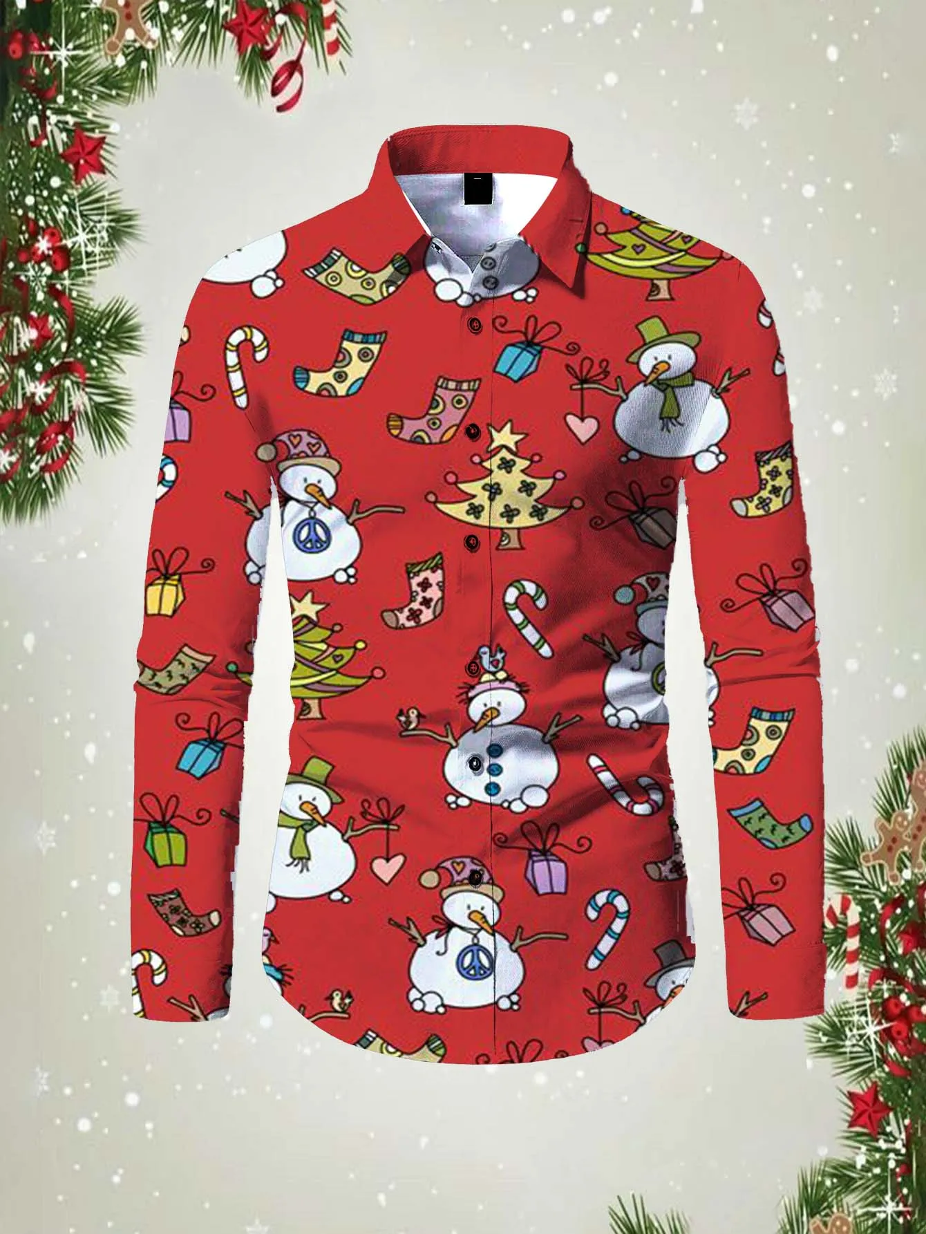 Funny Christmas Reindeer Men's Long Sleeve Shirt Daily Fashion New Snowman Lapel Men's Street Christmas  Party Long Sleeve Tops