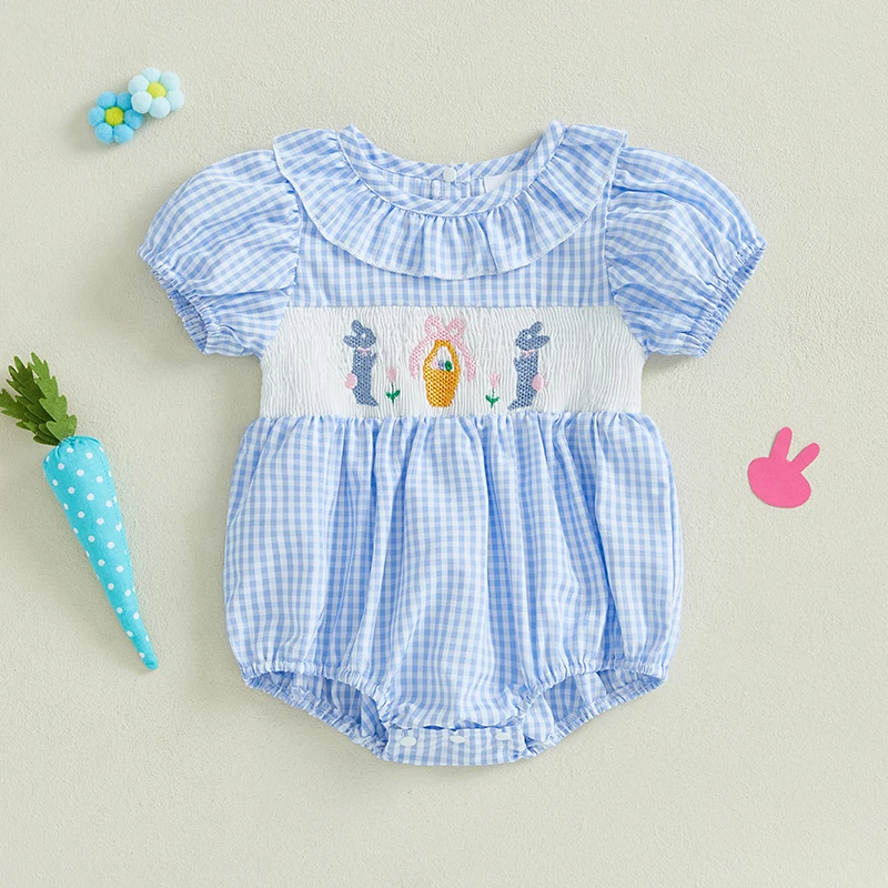 

Toddler Baby Girls Rompers Easter Clothes Rabbit Embroidery Ruffles Round Neck Short Sleeve Summer Bodysuits Jumpsuits