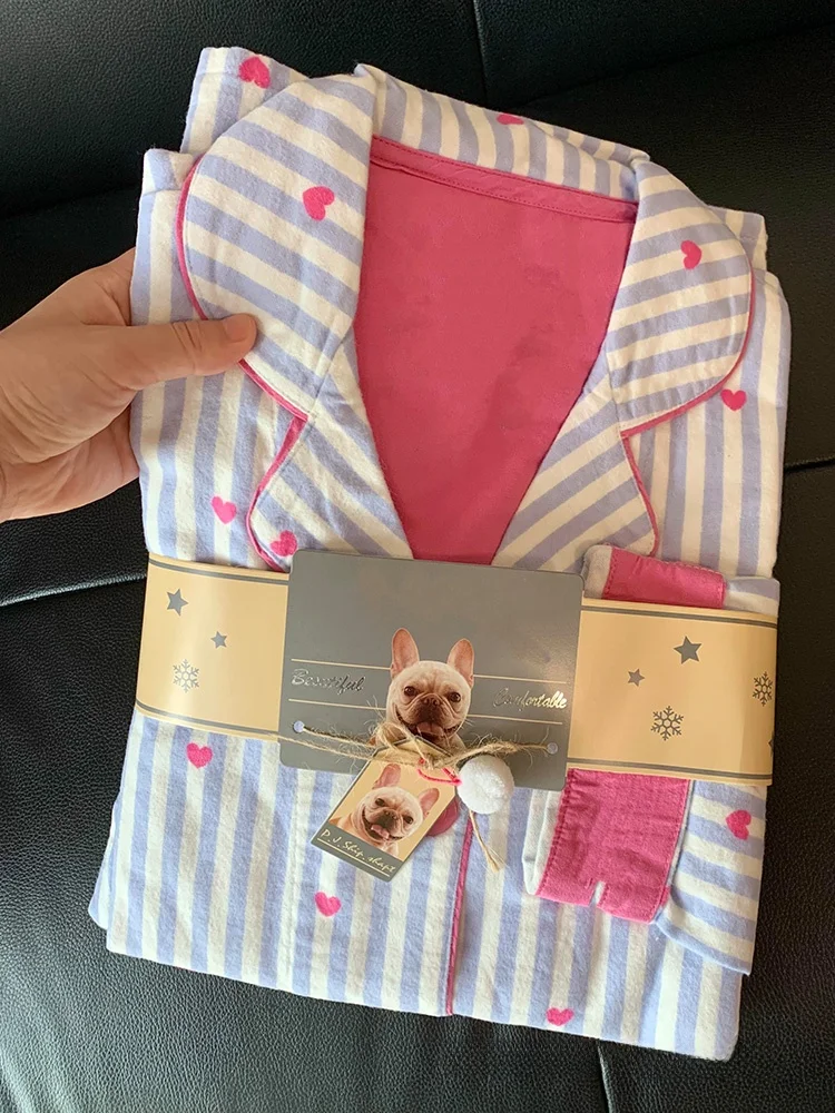 Sweet Style Striped Sleepwear Cardigan Women's Spring Autumn Home Clothes Set Ladies Can Go out Heart Shaped Home Clothes