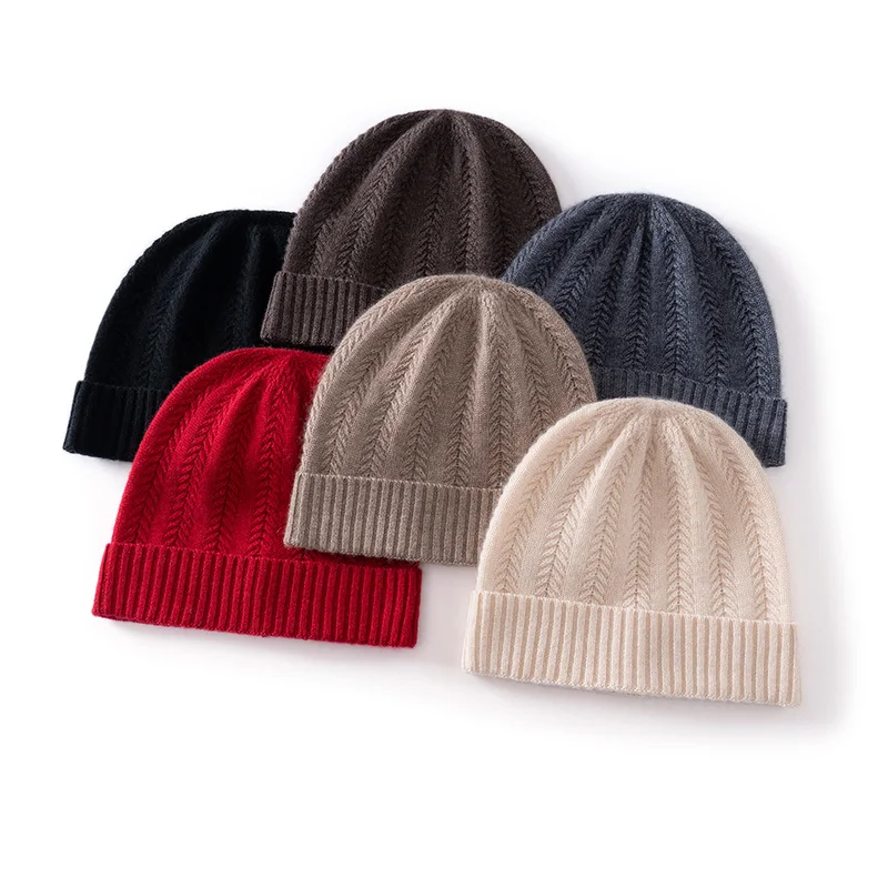 100% Pure Cashmere Beanie, Unisex, Fashionable Small Cable-Knit Hat With A Folded Brim, Winter Warm And Casual Ear-Covering Hat