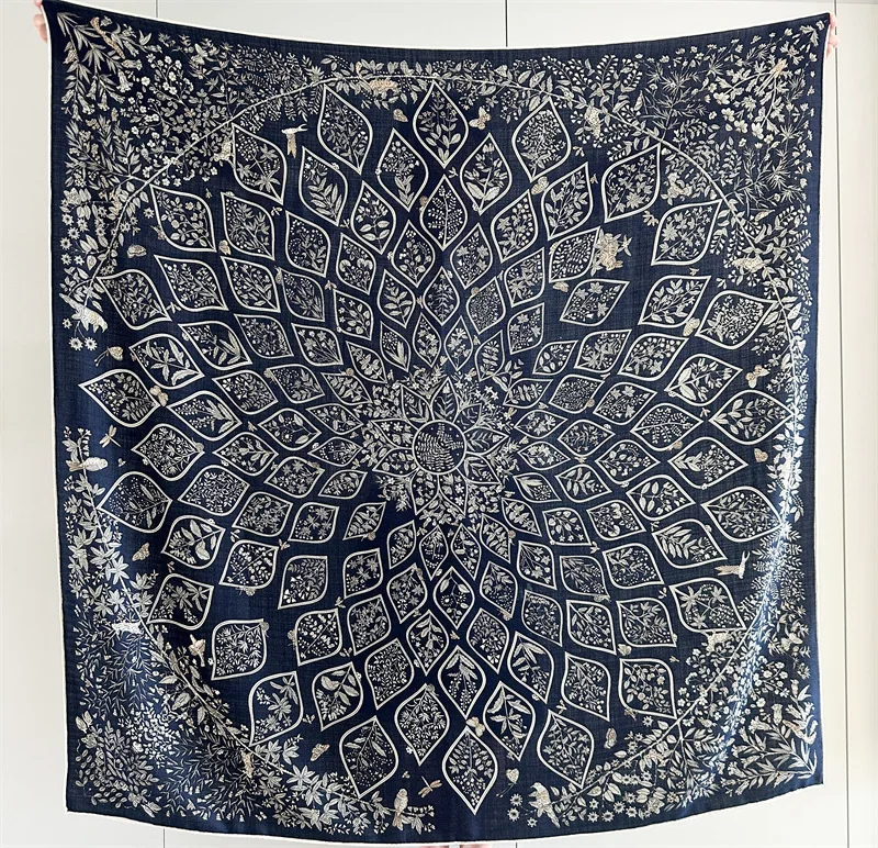 Winter Silk Wool Scarf 135cm Luxury Large Pashmina Square Hand-Rolled Shawls for Women Stole Head Hair Accessories