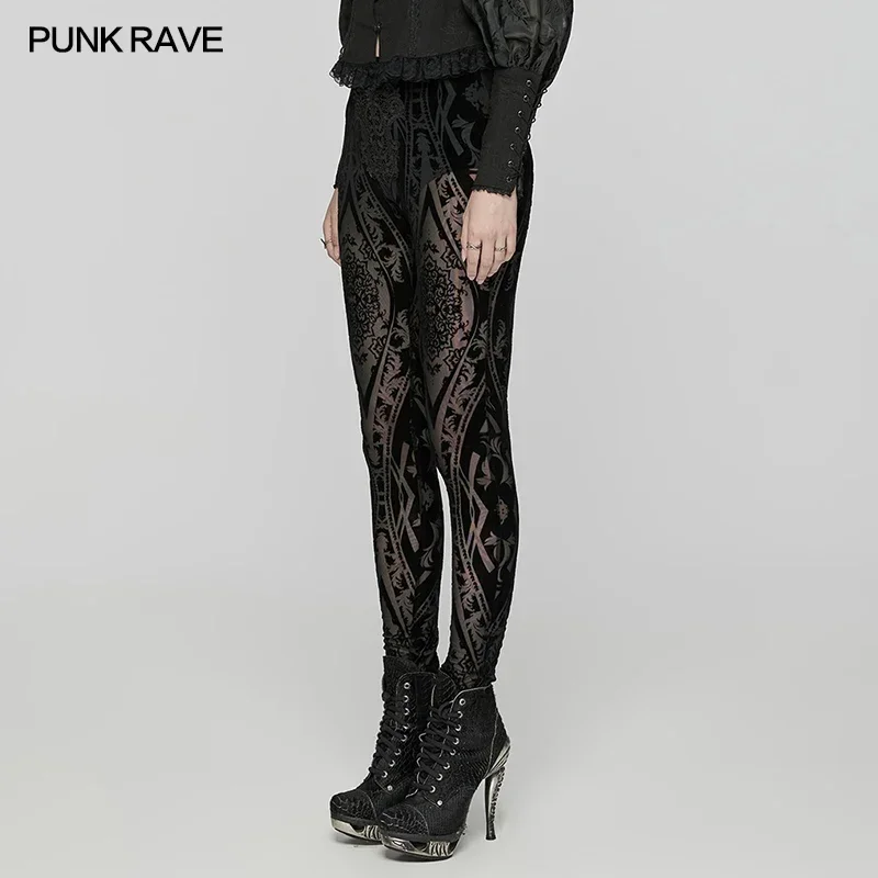 PUNK RAVE Leggings de malla flocados con estampado gótico oscuro para mujer, pantalones negros personalizados, ropa