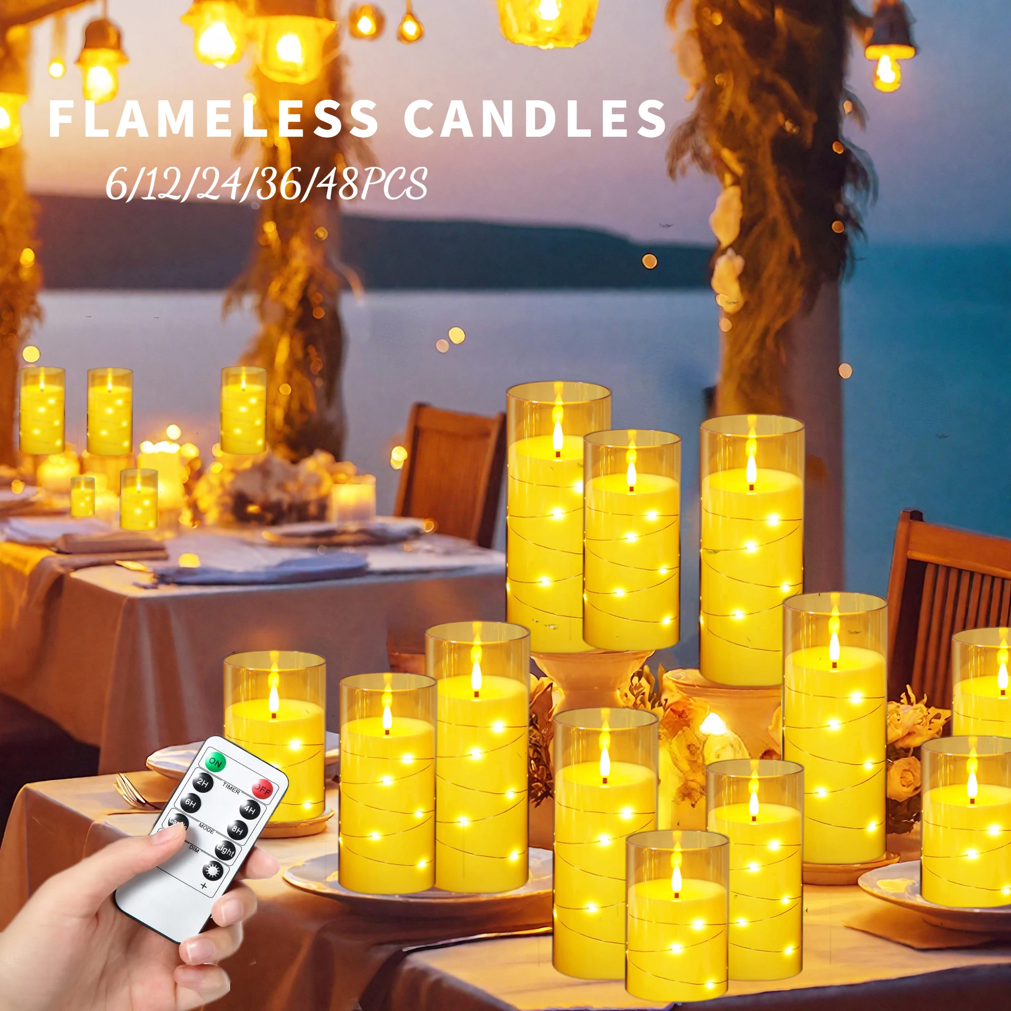 6-48Pcs Flameless Candles with Embedded StarString Wedding LED Candles with remote Battery Operated Candles Home Party Decor  ﻿