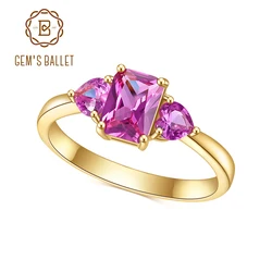 GEM'S BALLET 925 Sterling Silver lab Pink Sapphire Three-Stone Engagement Ring Birthstone Promise Ring Gift For Her
