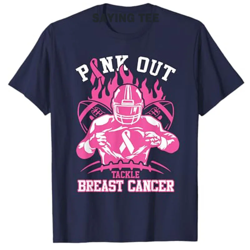 Pink Out Tackle Breast Cancer Awareness American Football T-Shirt Pink Ribbon Breast Cancer Fighter Graphic Outfit Saying Tee