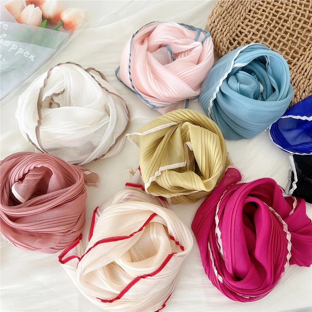 60cm Soft Neckerchief Patchwork Color Decorative Headscarf Small Scarves Crinkled Scarf Square Pleated Silk Scarf Satin Hijab