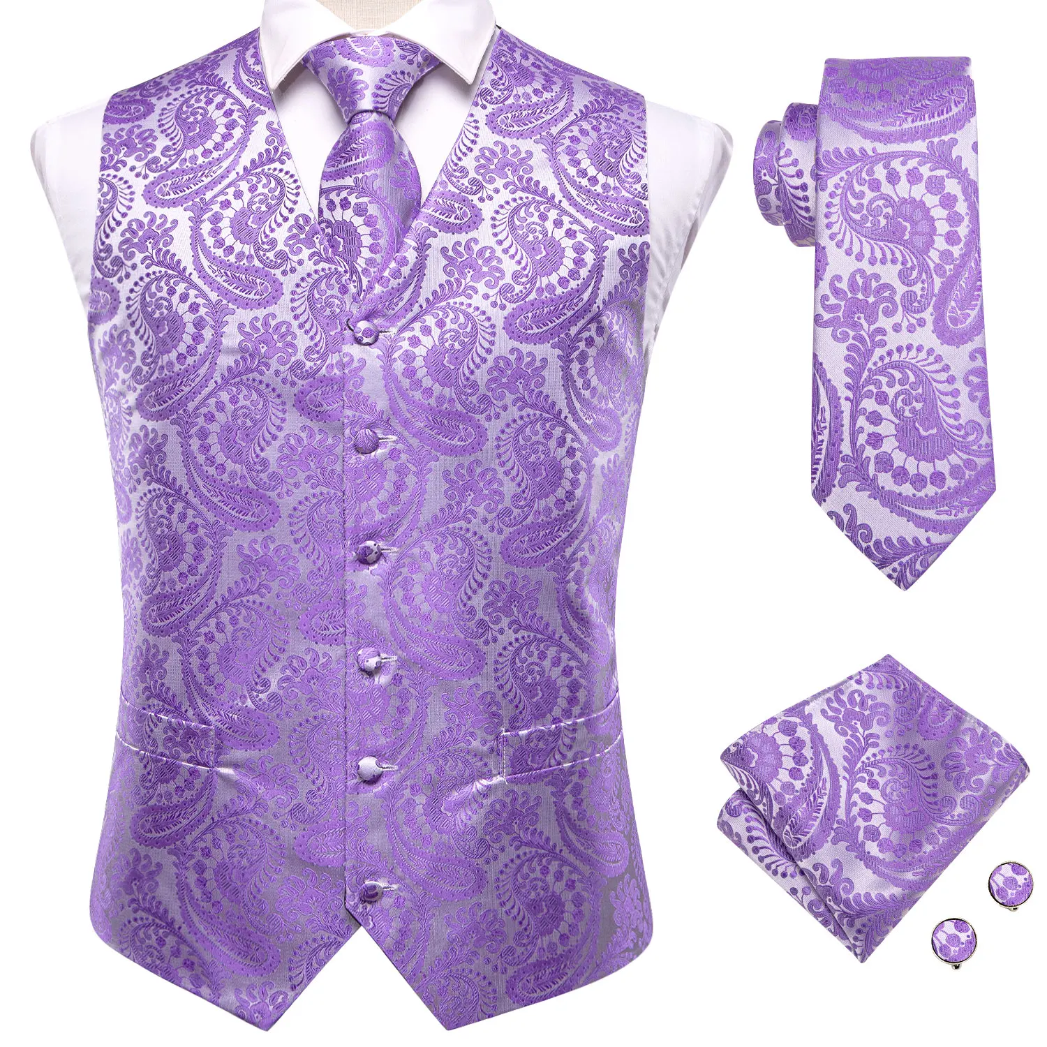 Lilac Lavender Purple Silk Mens Waistcoat Tie Set Sleeveless Jacket Suit Vest Necktie Hanky Cufflinks Wedding Business Oversized