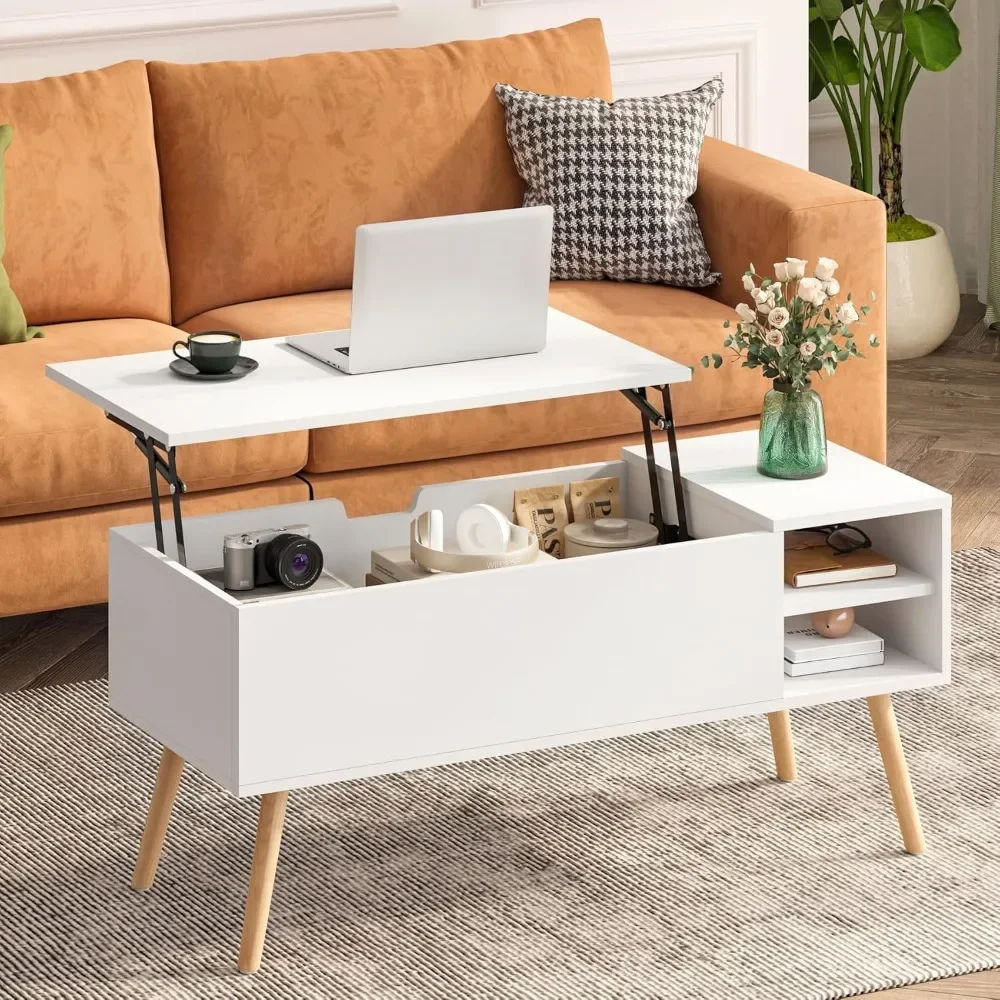 Lift Top Coffee Table, Wood Coffee Table with Storage, Mid-Century Modern Coffee Table for Living Room, Small Space, White