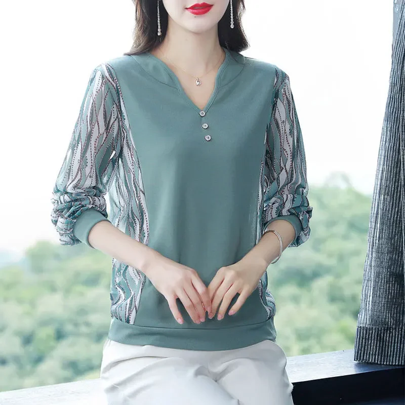 Spring Autumn Printed Patchwork Knitted Blouse Casual V-Neck Button Women's Clothing Long Sleeve Fashion Loose Solid Color Z92