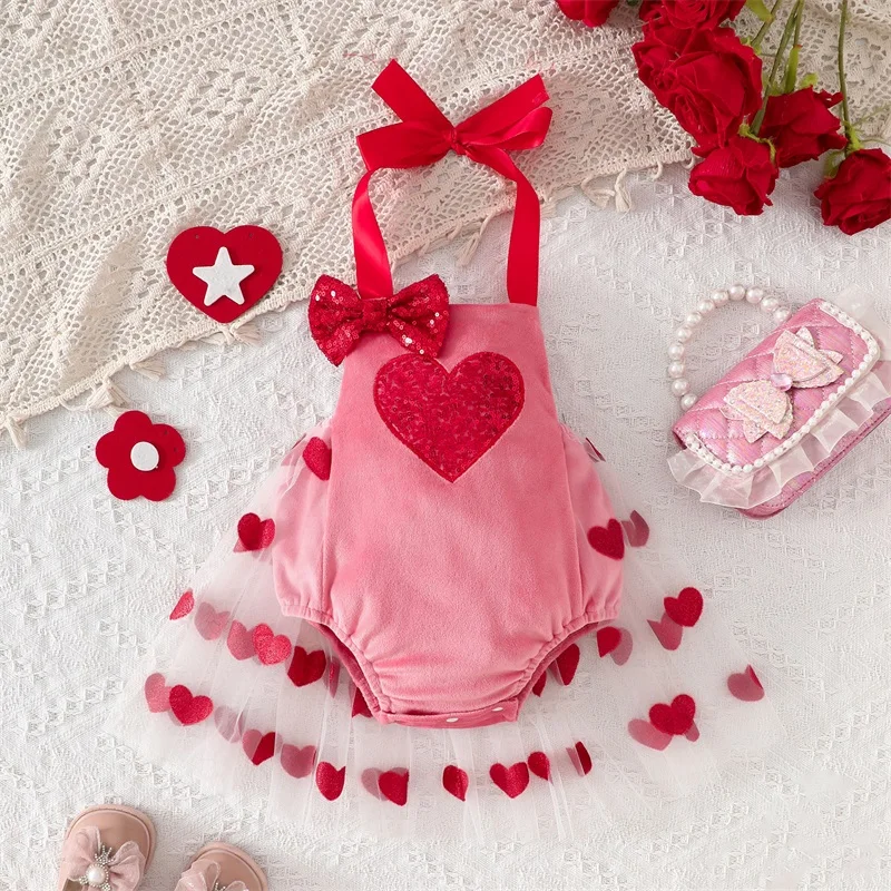 Valentinstag 0–18 Monate Baby-Mädchen-Stramplerkleid, ärmellos, Neckholder, Herzdruck, Tüll-Strampler