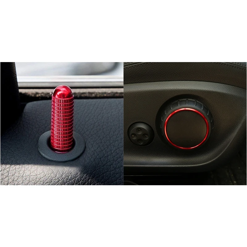 4Pcs Red Aluminum Bolt-On Replace Door Lock Knobs With 3Pcs Car Seat Adjustment Switch Knob Ring Cover Trim Red