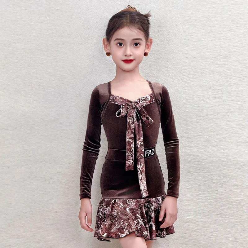 

Новое бархатное платье для соревнований по латинским танцам с длинными рукавами, костюмы для бальных танцев для девочек, детская одежда для латинских танцев румба, SL14571