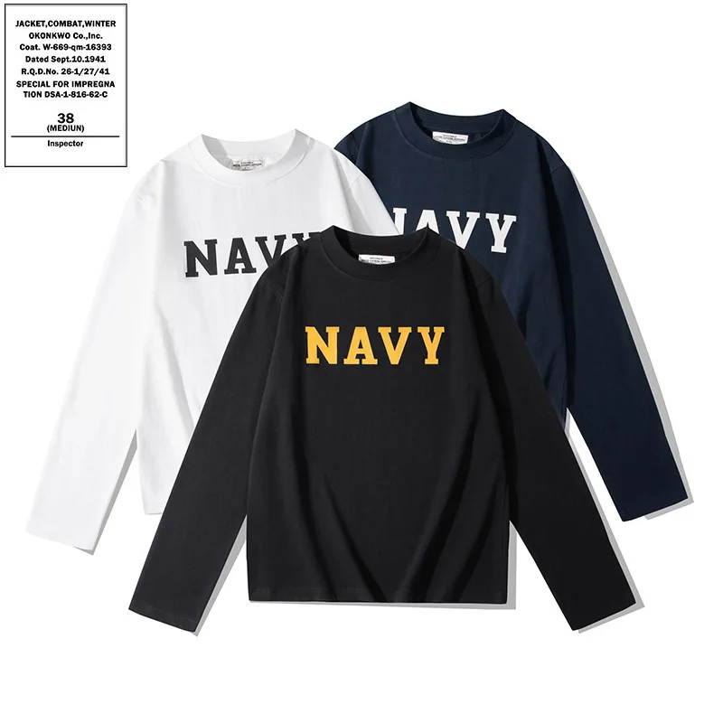 

OKONKWO 280g China-Chic Large NAVY Printed Long Sleeve T-shirt Outdoor Camp Climbing Trekking Fitness Sport Men Women Lovers TEE