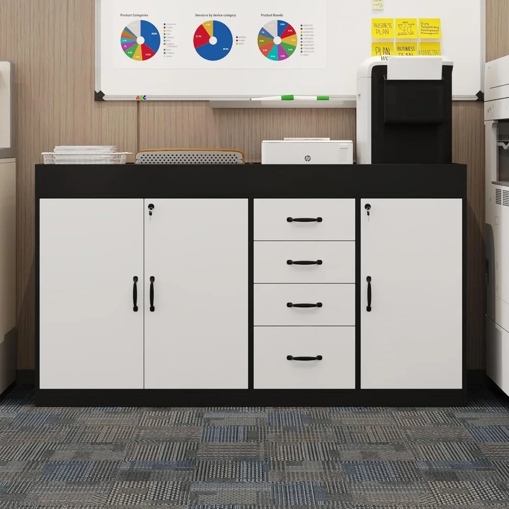 

63" W Lateral File Cabinet with Lock, Adjustable Shelves, Top Compartment, 4 Drawers & 3 Doors, Wooden Filing Organization Stora