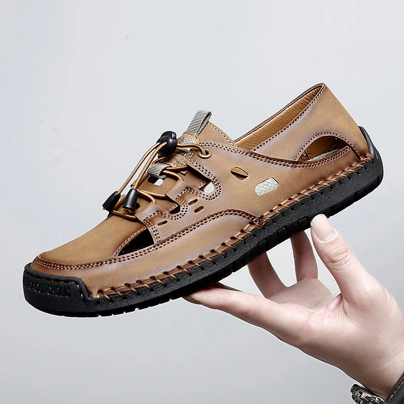 

Sandals men's tide summer new style leather toe cap outdoor leisure sports hollow sandals beach shoes