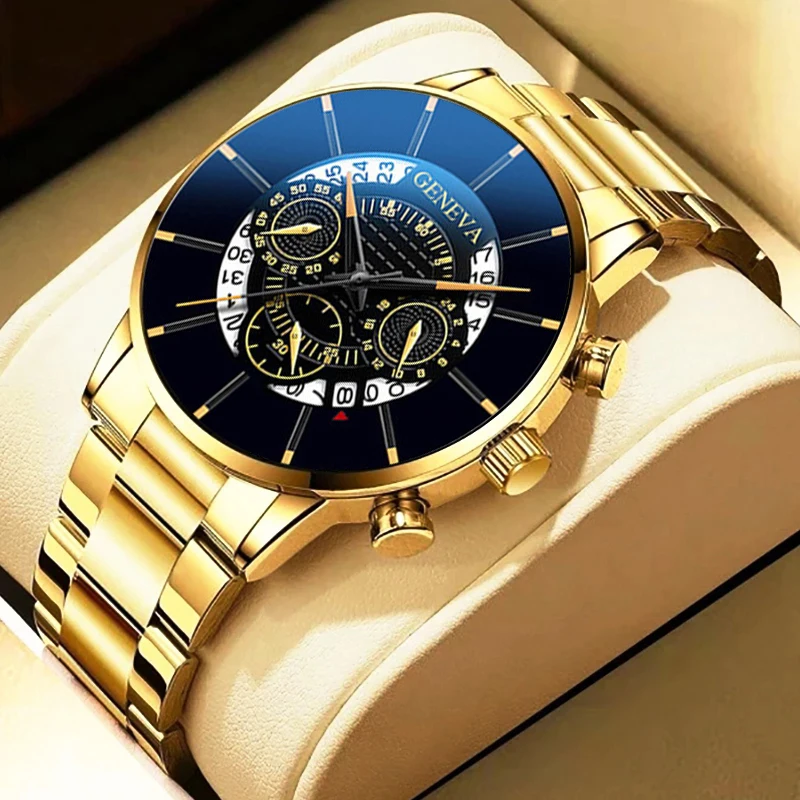 Fashion Mens Quartz Watch Golden Yellow Stainless Steel Luxury Wristwatch Man Business Classic Calendar Clock relogio masculino