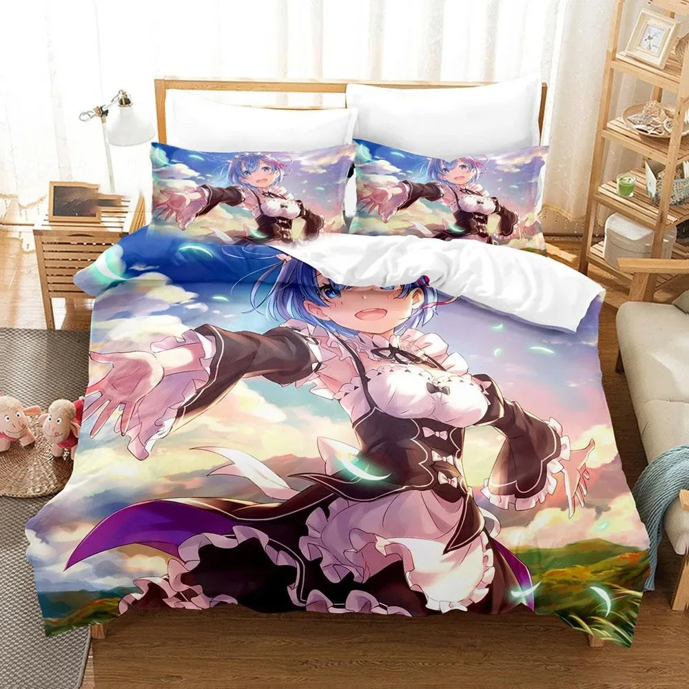 3D Printed Anime  Re Zero Rem Ram Emilia Bedding Set Boys Girls Twin Queen Size Duvet Cover Pillowcase Bed Kids Adult