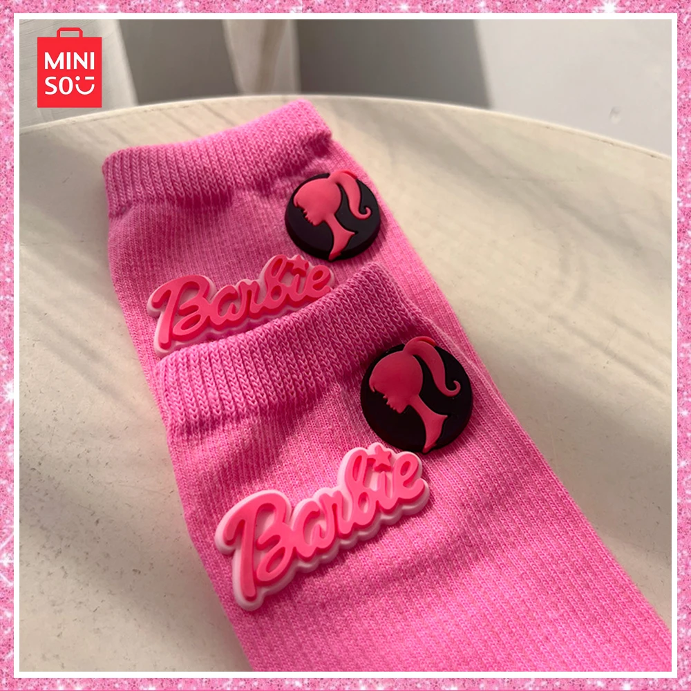 Miniso Barbie Pink Heart 3D Filled Cotton Knitted All Seasons Socks Kawaii Colorful Mid-Calf Socks Girls Birthday Gift