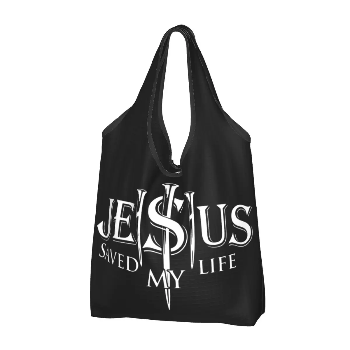 Custom Jesus Saved My Life Groceries Shopping Bag Shopper Tote Shoulder Bag Big Portable Christ Religion Christian Faith Handbag