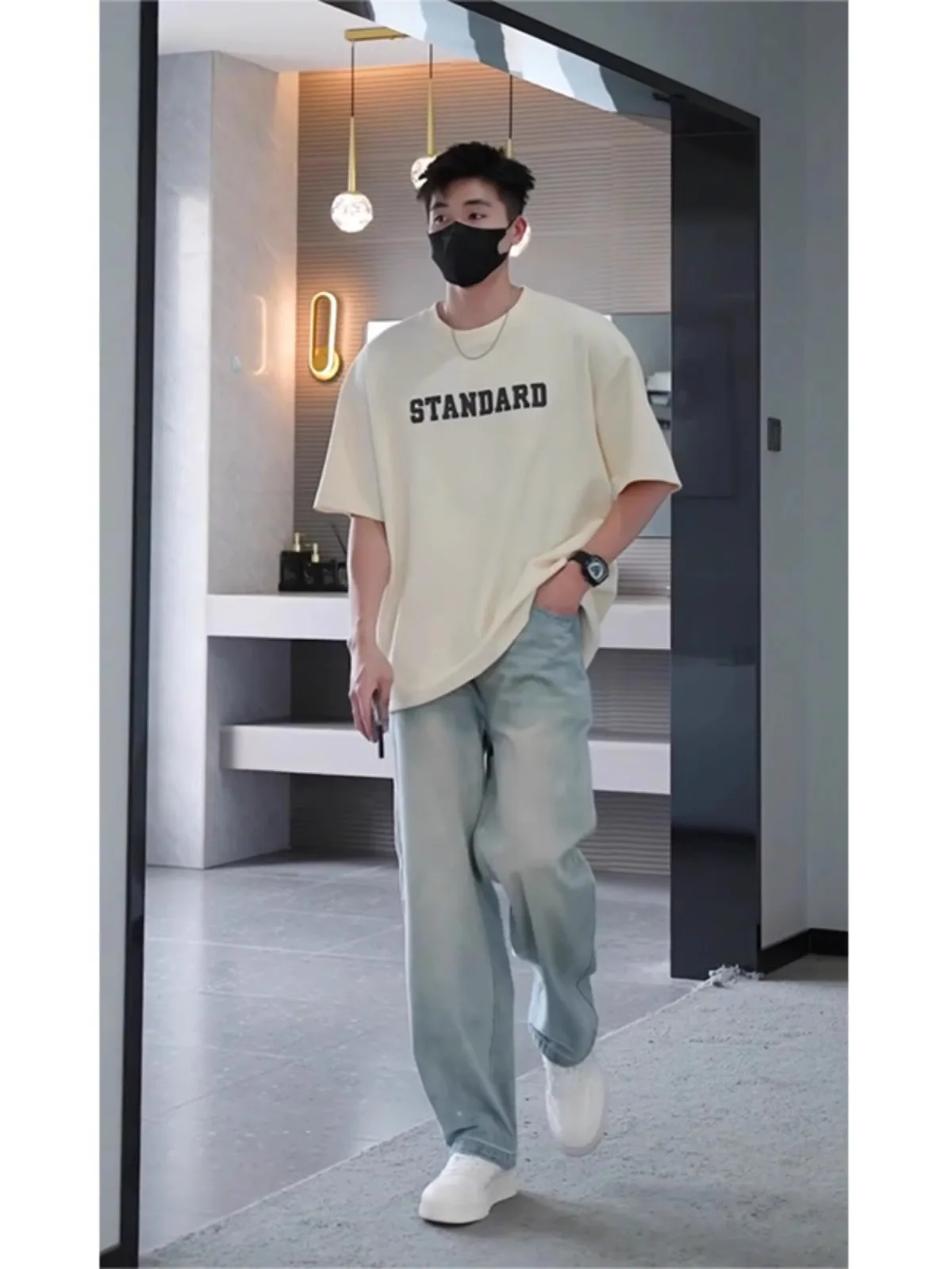 

Light Blue Waed Men's Summer Thin Straight Leg Jeans Ice Silk Drapey Micro Flared Knife Pants Breathable Loose Fit