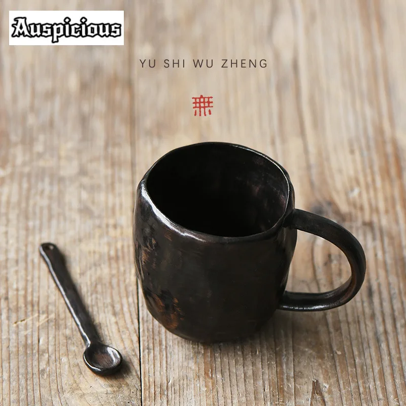 220ml Retro Balck Coarse Pottery Coffee Cup Office Water Cup Tea Mug Ceramic Coffee Mug Handmade Stoneware Drinkware Gift Box