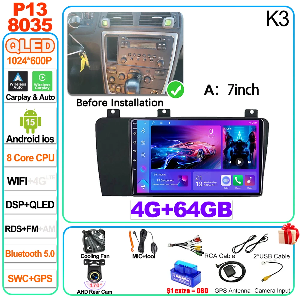 Android 16 voor Volvo XC70 V70 S60 2004 2005 2006 2007 2008 2009 autoradio head unit Carplay Auto multimediaspeler touchscreen