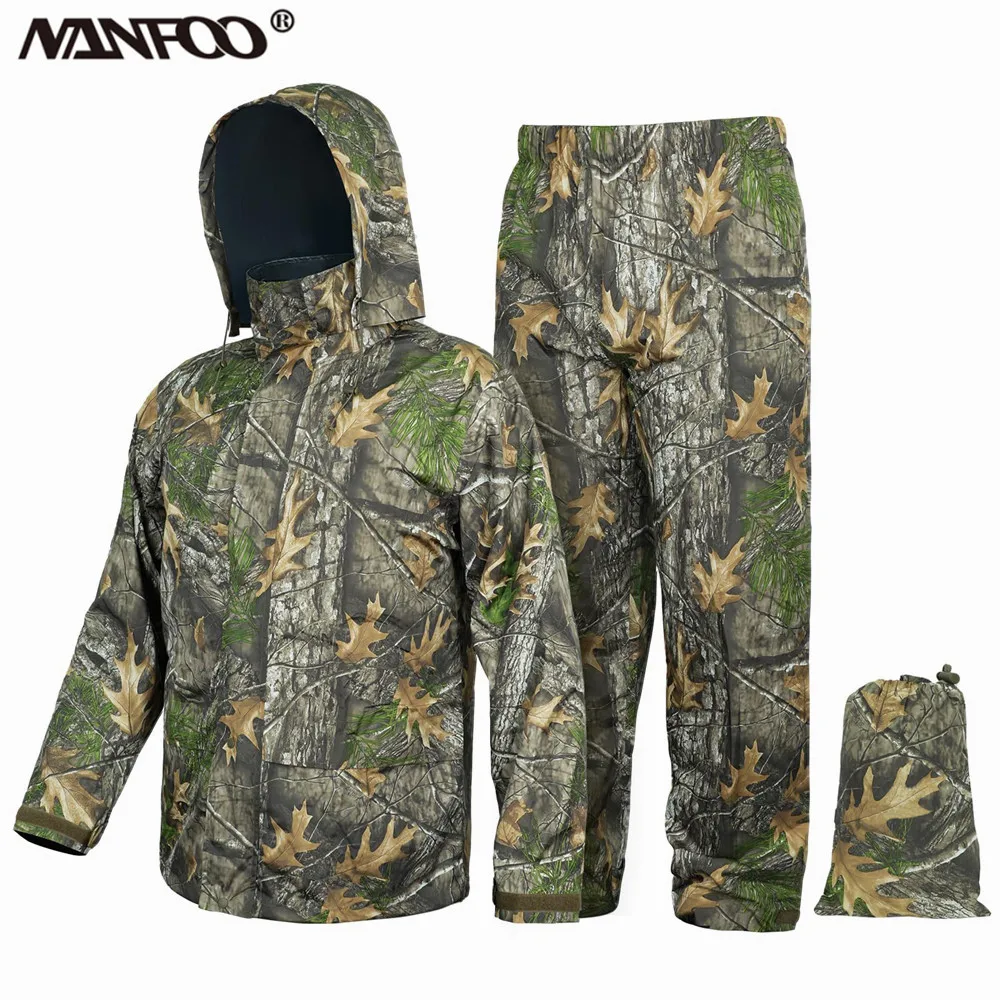 

Lightweight 210T Polyester Raincoat Set Wear Resistant Waterproof Breathable Hooded Jacket Pants Bionic Camouflage Hunting Suit