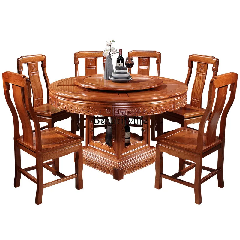 

Chinese solid wood round dining table rosewood large round table antique carved dining table and chair combination