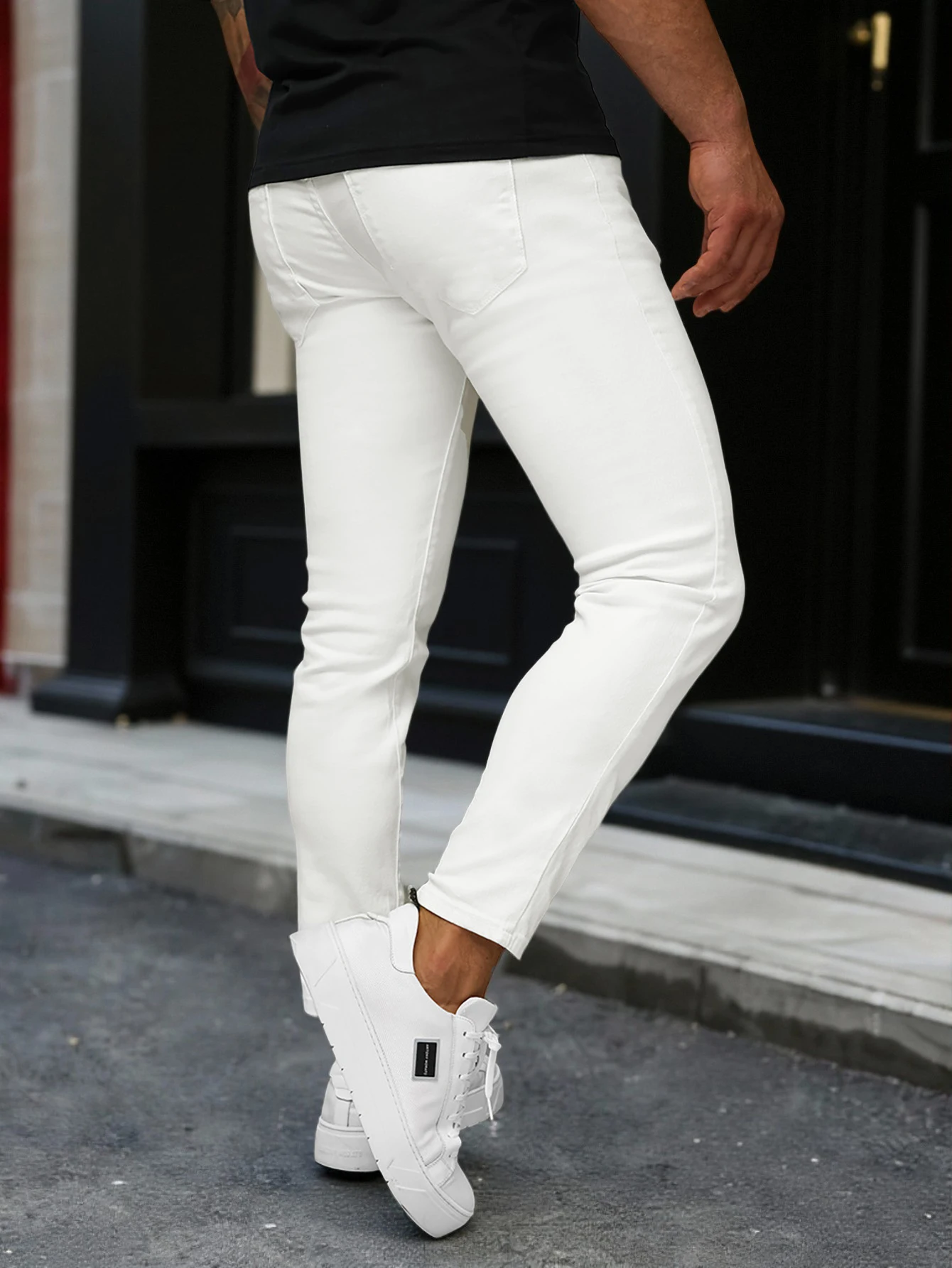 Men's 5‑Pocket Tapered Cropped Chino Pants 100% Polyester Slim Fit Business Casual Solid Color Ankle‑Length Trousers