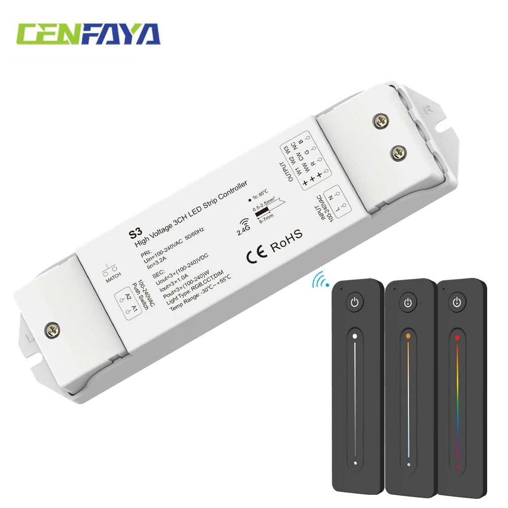 

CENFAYA High Voltage LED Controller 3CH Dimmer AC 110V 220V 230V 240V Push Switch Dimming For Single Color CCT RGB LED Strips