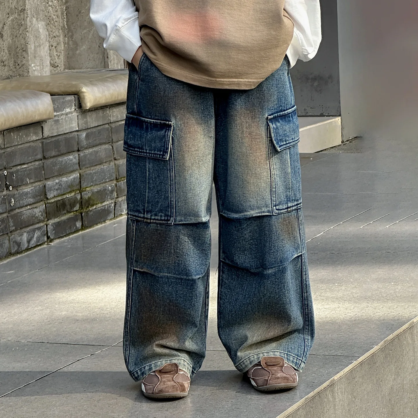 Spring Autumn Boys' Retro Casual Loose Cargo Jeans Kids Straight Leg Denim Pants New Children's Fashion Spray Dyeing Trousers