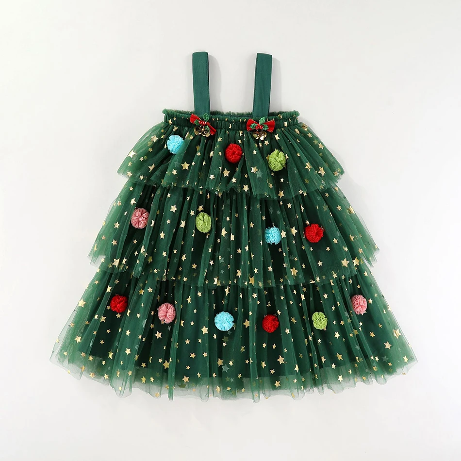 Elegant Kids Christmas Tree Themed Layered Net Halter Dress Cake Skirt Magical Holiday Experience Girls Casual Dresses