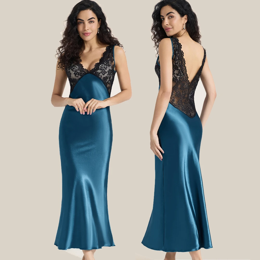 

Sexy Lace Patchwork Female Long Nightgown Sleepwear Backless Nightdress Lingerie Summer New Silky Satin Homewear Nighty