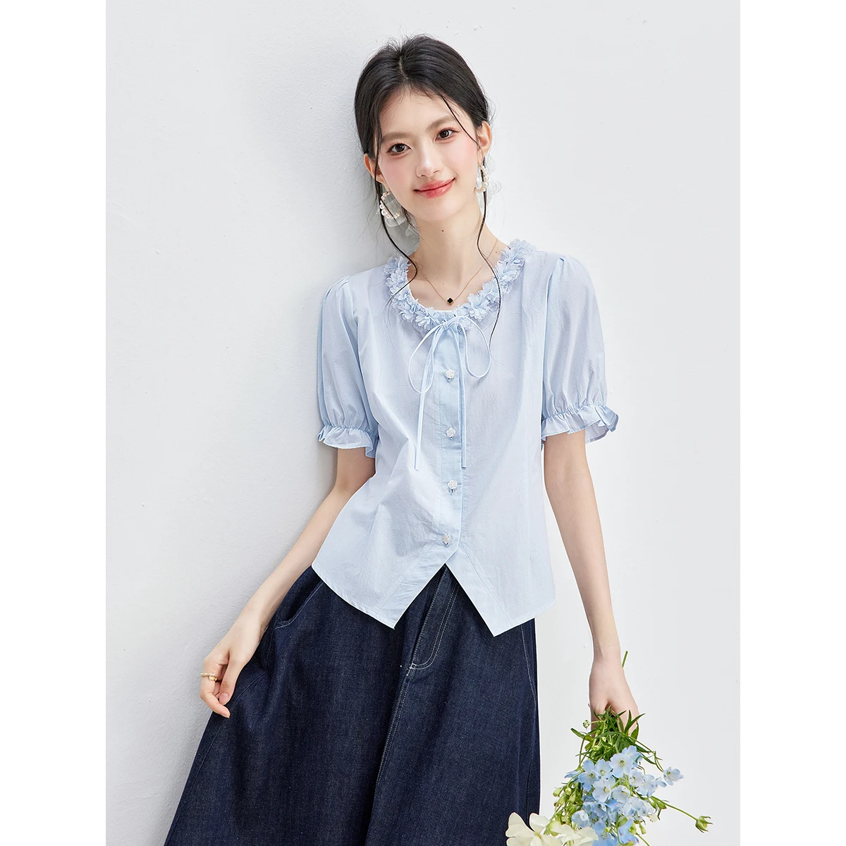 VIMLY Elegant Blue Lace Trim Tie Neck Cotton Shirt Women 2026 Summer New Rose Button Casual Puff Short Sleeve Blouse 31209 view 5